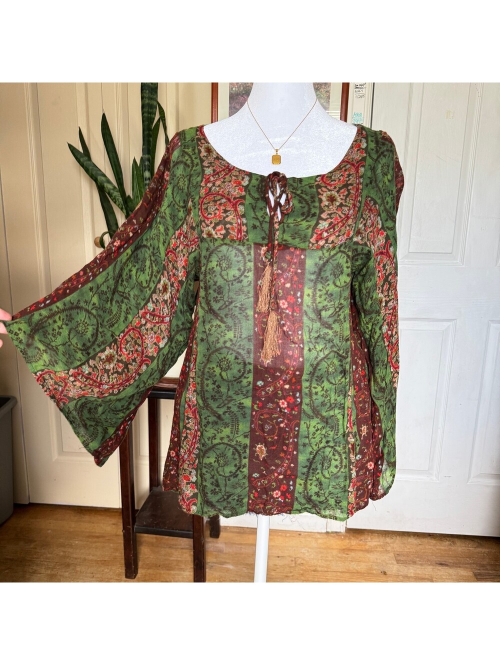Drew XS Bohemian Style Sheer Blouse with Tassel Tie